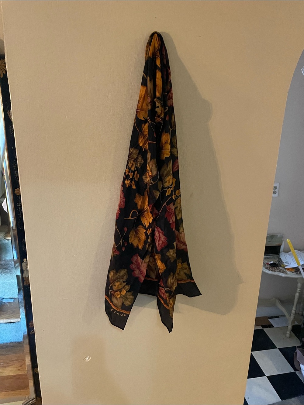Floral Black lightweight Scarf with Autumn Leaf Print